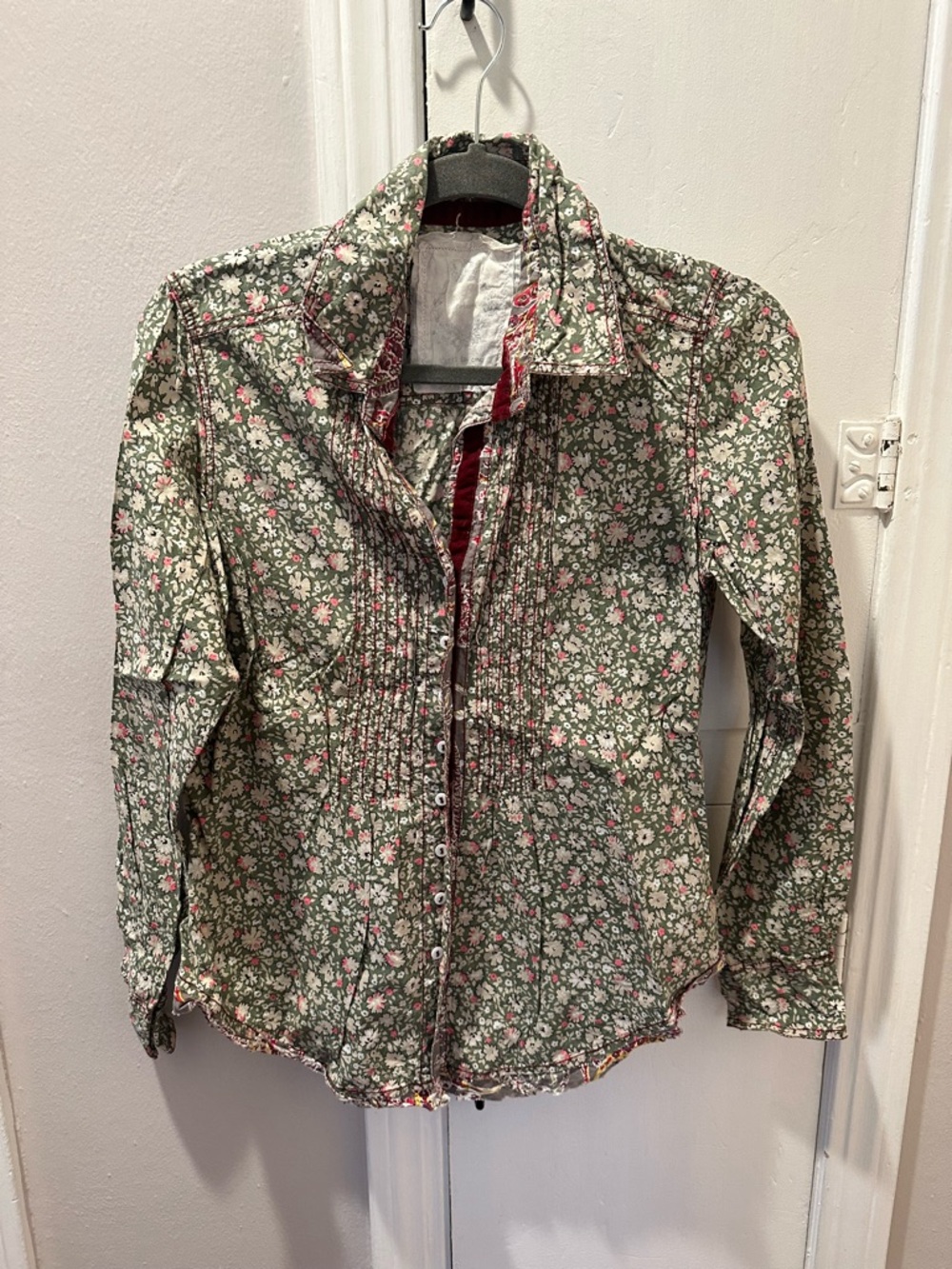 Floral Button-Up Shirt in Olive Green and Pink